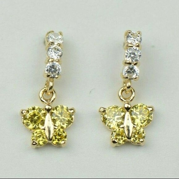 Solid 14K Yellow Gold Lab Created CZ Birthstone Butterfly Dangle Earrings - Picture 12 of 13